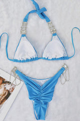 Blue Rhinestone Gem Ruched Halter Cheeky 2 Pc Swimsuit Areous