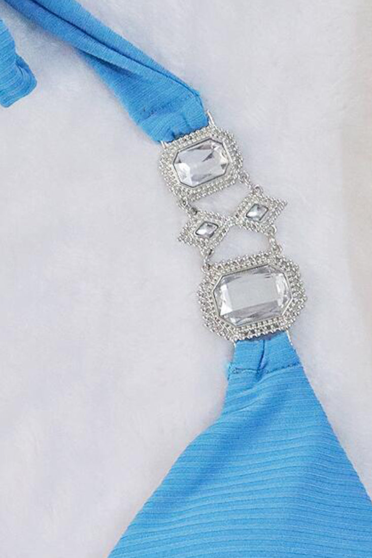 Blue Rhinestone Gem Ruched Halter Cheeky 2 Pc Swimsuit Areous