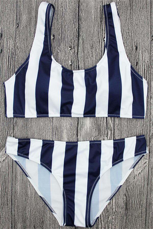 Breezy Navy Blue Stripe Bikini Set Areous