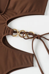 Brown Gold Ring Linked Cut Out Halter One Pc Swimsuit Areous