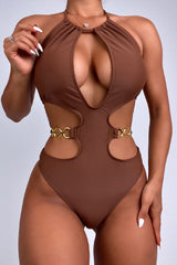 Brown Gold Ring Linked Cut Out Halter One Pc Swimsuit Areous