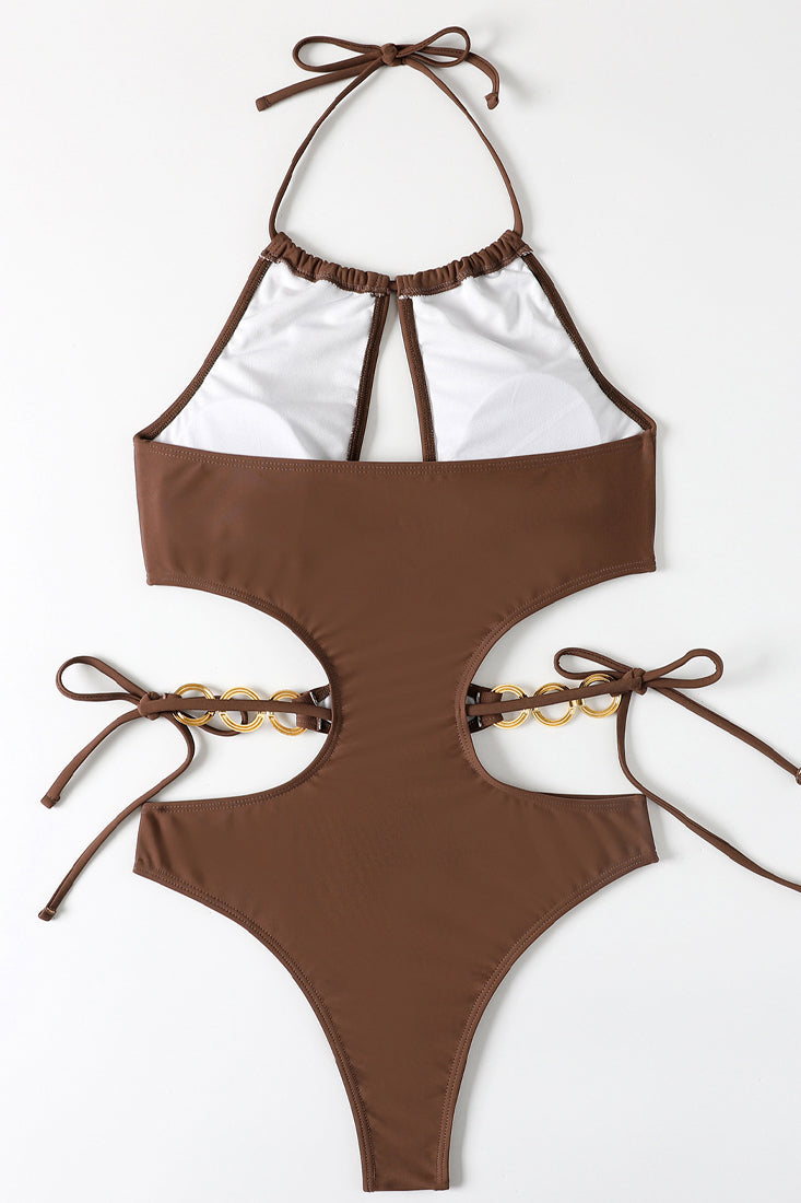 Brown Gold Ring Linked Cut Out Halter One Pc Swimsuit Areous