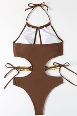 Brown Gold Ring Linked Cut Out Halter One Pc Swimsuit Areous
