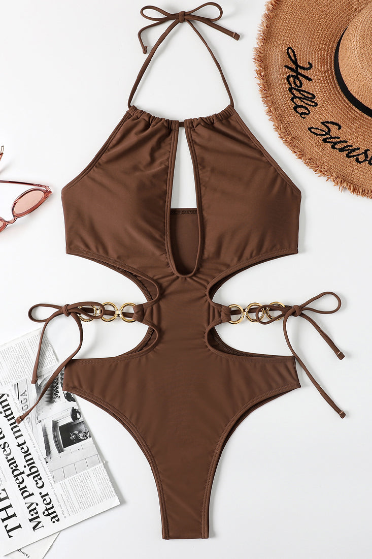 Brown Gold Ring Linked Cut Out Halter One Pc Swimsuit Areous