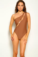 Brown O-Ring Cut Out One Piece Swimsuit Areous