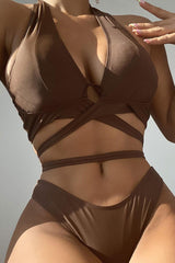 Brown Strappy Cheeky Padded Two Piece Swimsuit Areous