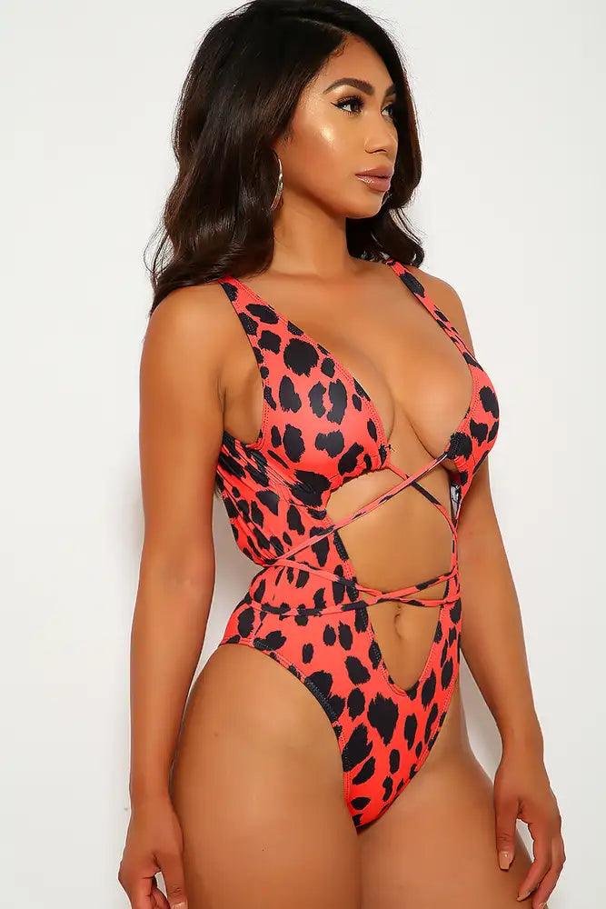 Burnt Orange Black Strappy One Piece Swimsuit Areous