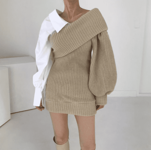 Knitted stitching fake two-piece slanted shoulder dress
