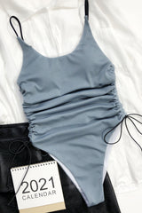 Chic Gray Drawstring One Piece Swimsuit Areous