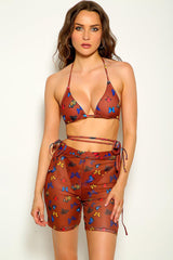 Coffee Butterfly Print Strappy Three Piece Swimsuit Areous
