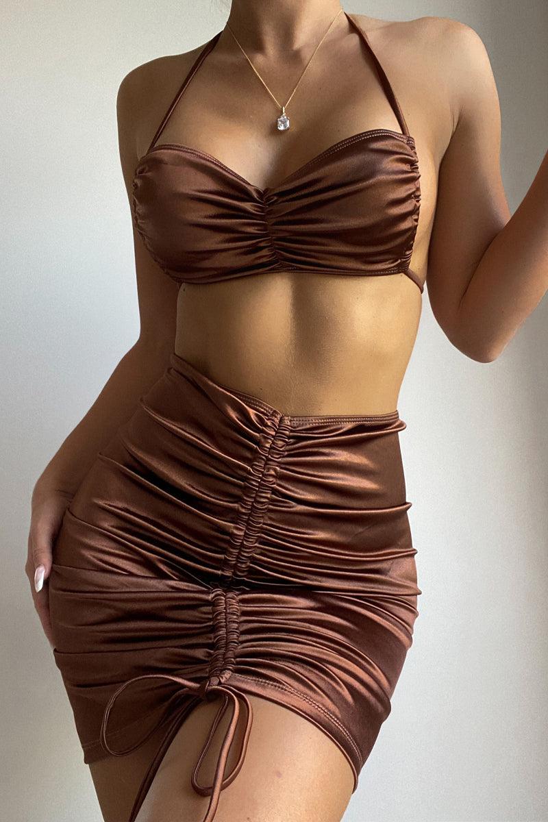 Coffee Satin Cheeky Three Piece Swimsuit Areous