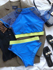 Colorblock Mesh Bandage High Waist Bikini Set Areous