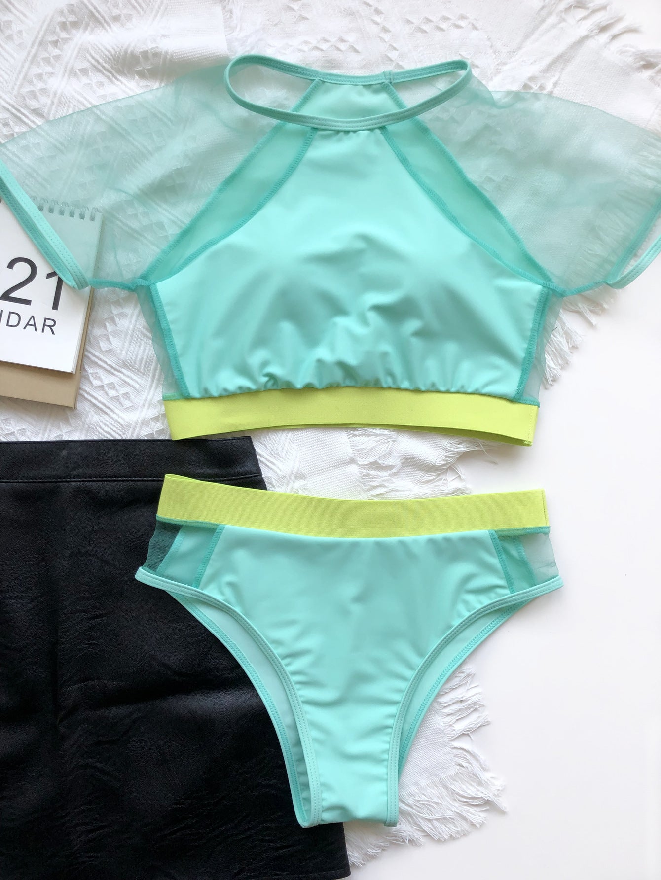 Colorblock Mesh Bandage High Waist Bikini Set Areous