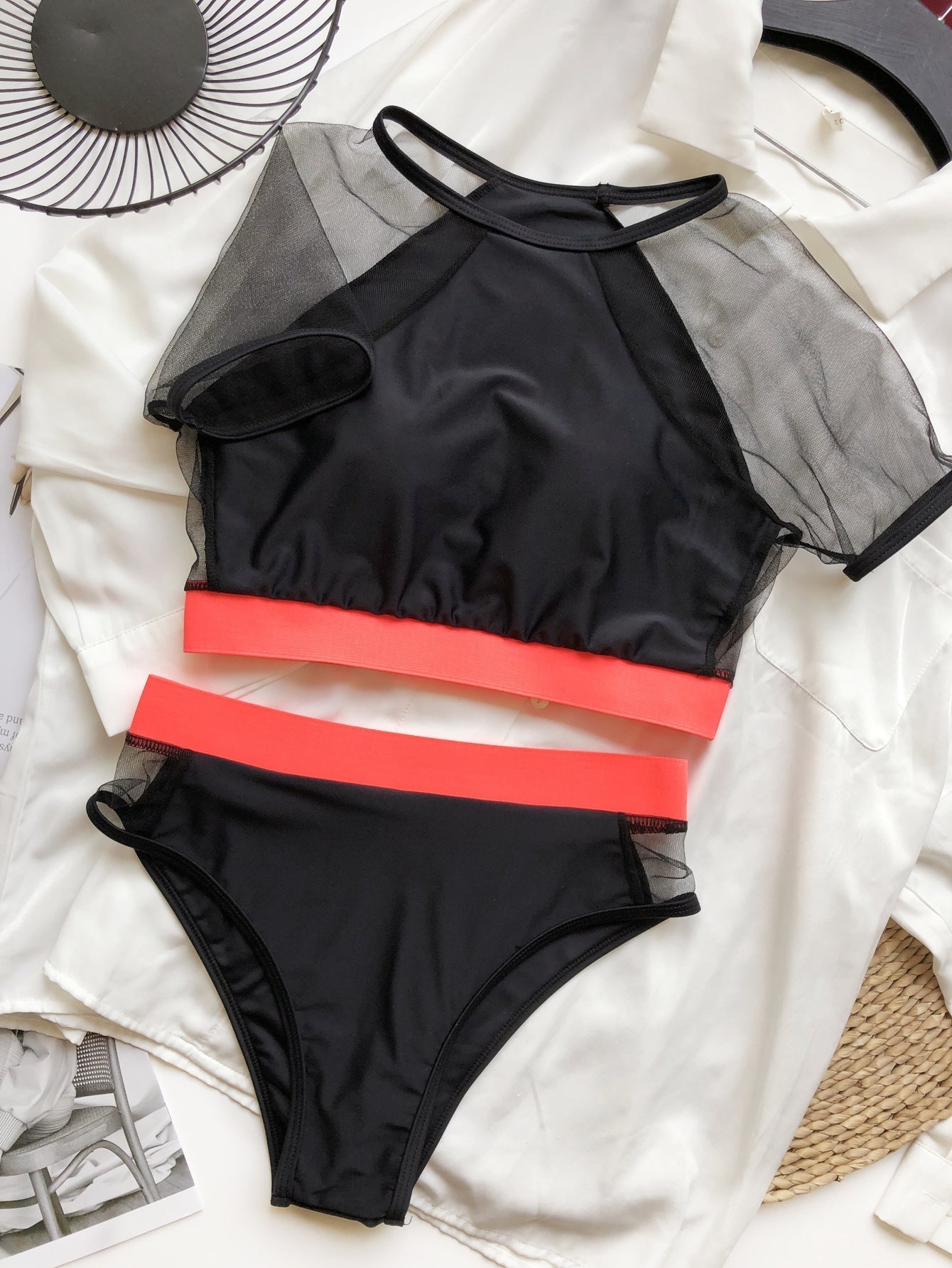 Colorblock Mesh Bandage High Waist Bikini Set Areous