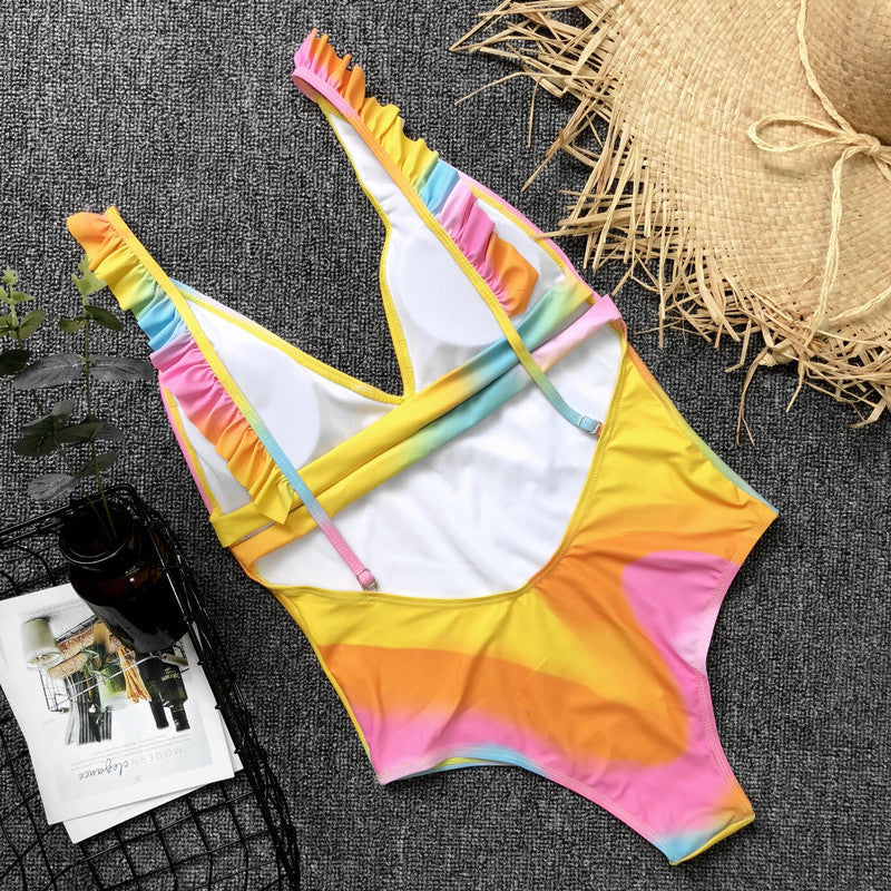 Colorful One-Piece Ruffles Swimwear Areous