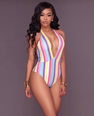 Colorful Vertical Stripe Print Halter Monokini 25704 Areous