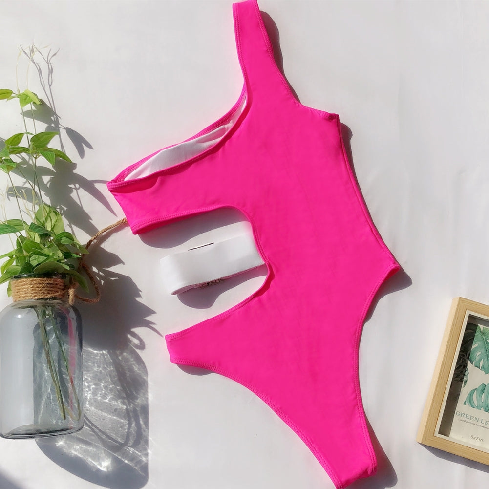 Contrast Cut Out One Shoulder Leopard Swimsuit Areous