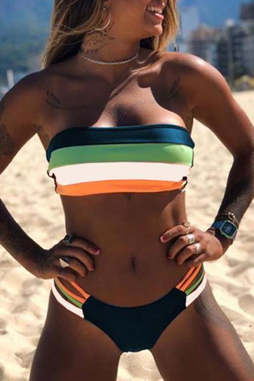 Contrast Striped Strapless Bikini Areous