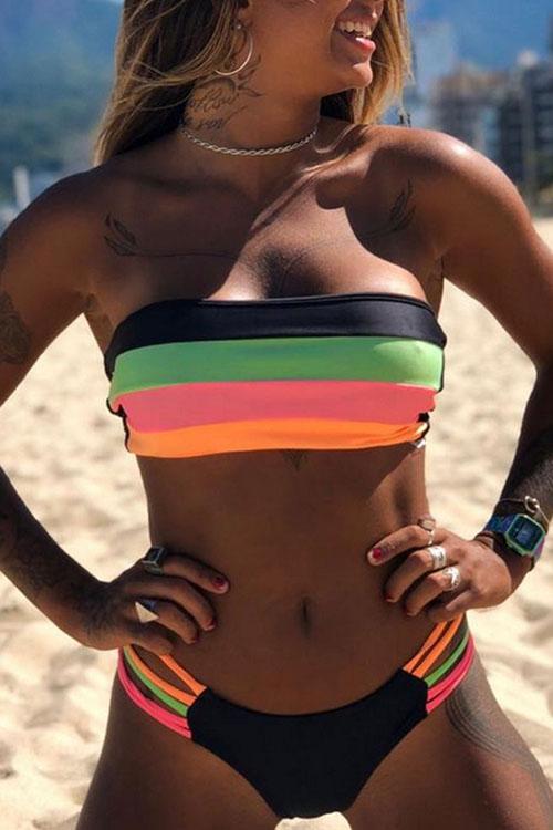 Contrast Striped Strapless Bikini Areous