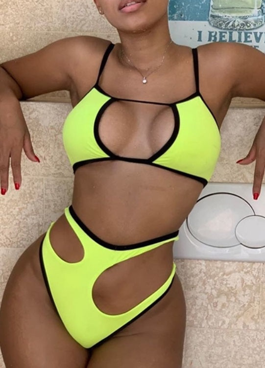 Cut Out High Waist Neon Swimwear Areous