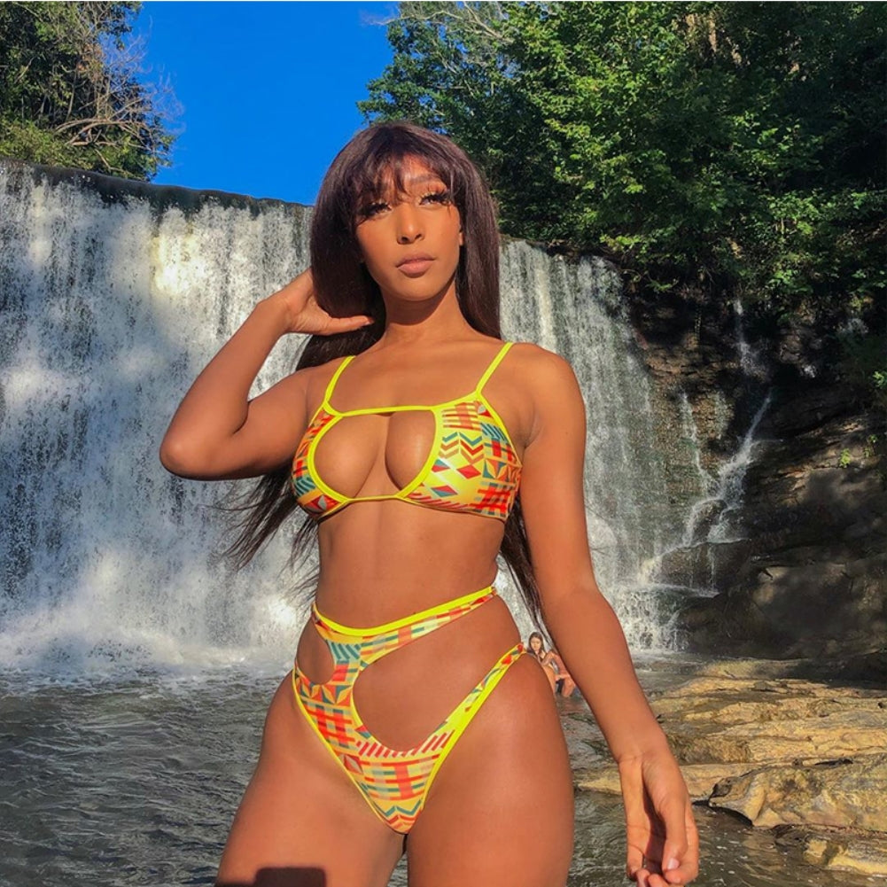 Cut Out High Waist Print Swimwear Areous