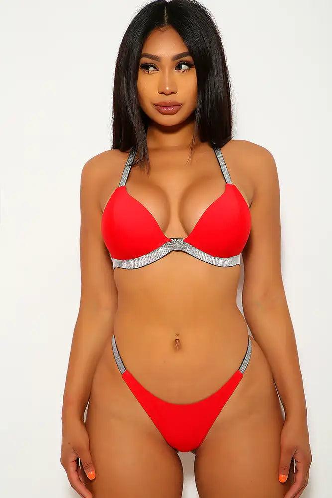 Cute Red Silver Two Piece Swimsuit Areous