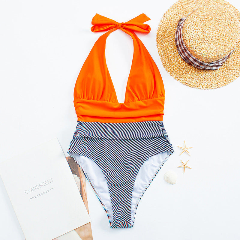 Deep V Backless Lace-up Patchwork One Piece Areous