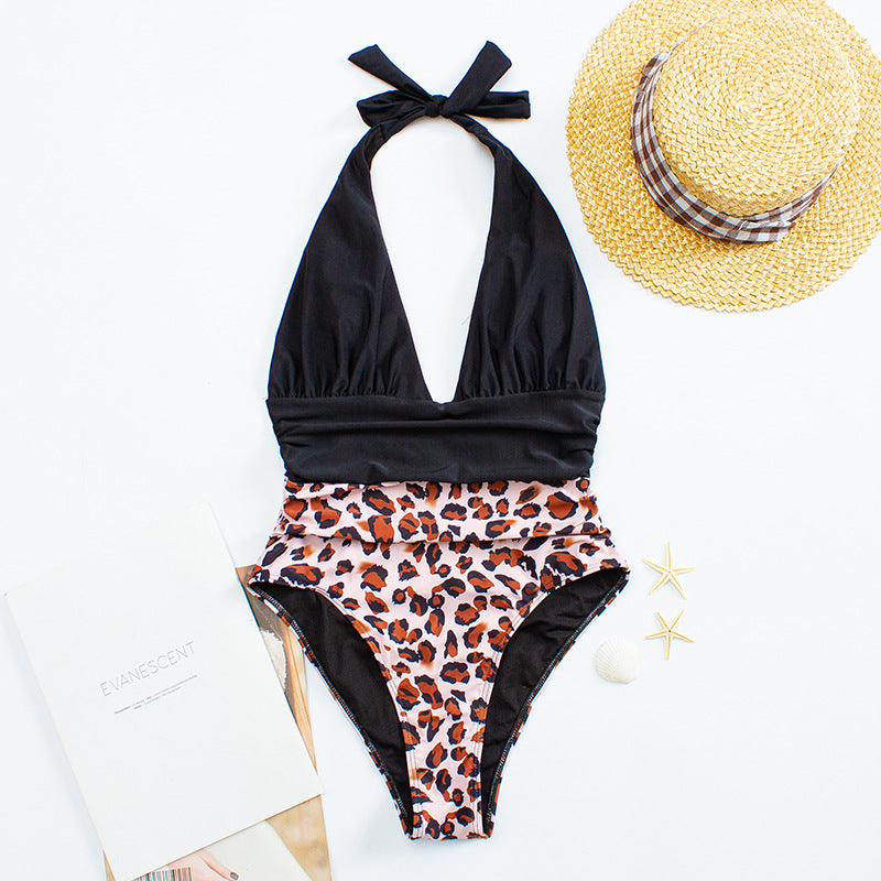 Deep V Backless Lace-up Patchwork One Piece Areous