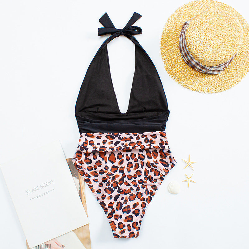 Deep V Backless Lace-up Patchwork One Piece Areous