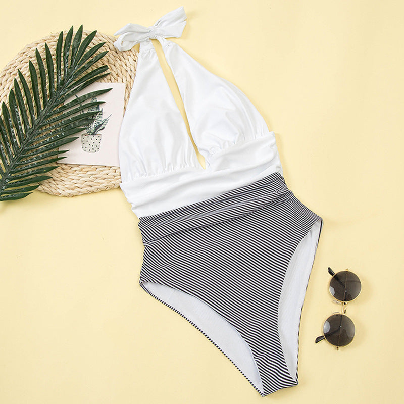 Deep V Backless Lace-up Patchwork One Piece Areous