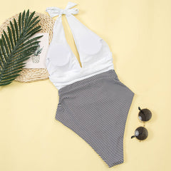 Deep V Backless Lace-up Patchwork One Piece Areous