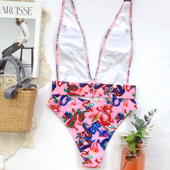 Deep-V Floral One Piece Swimwear with Belt Areous