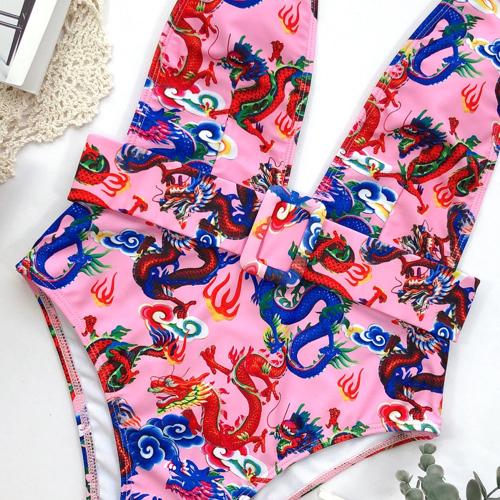 Deep-V Floral One Piece Swimwear with Belt Areous