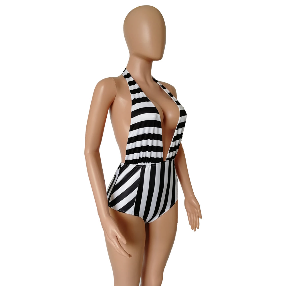 Deep-V One-Piece Stripped Swimsuit Areous
