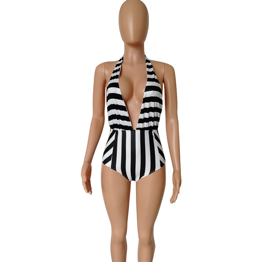Deep-V One-Piece Stripped Swimsuit Areous