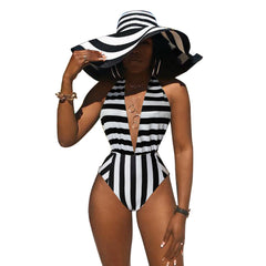 Deep-V One-Piece Stripped Swimsuit Areous
