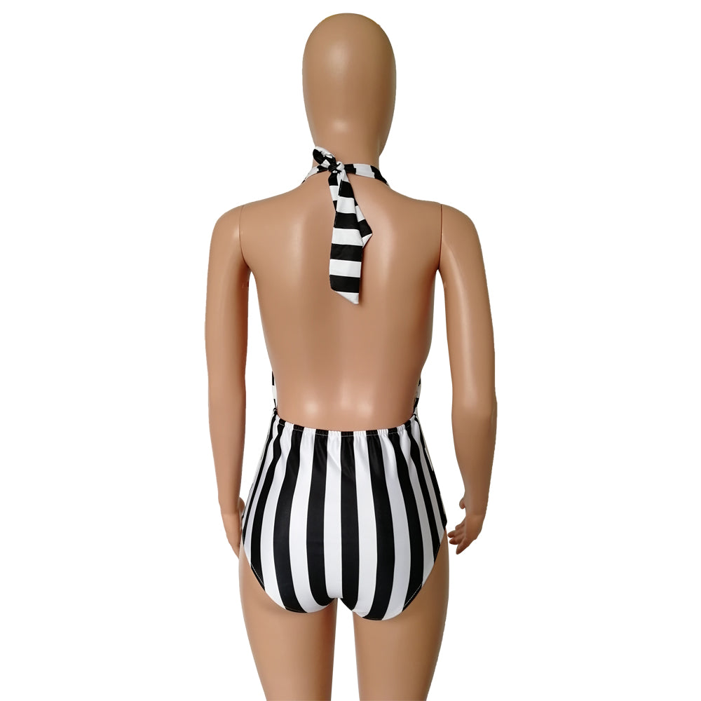 Deep-V One-Piece Stripped Swimsuit Areous