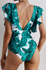 Deep V Ruffle Sleeve Neck Waist Tie One Piece Swimsuit Areous