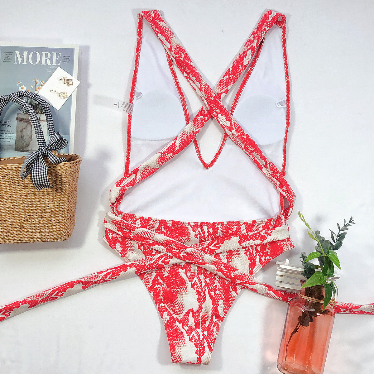 Deep V Waist Tie One-Piece Swimsuit Areous