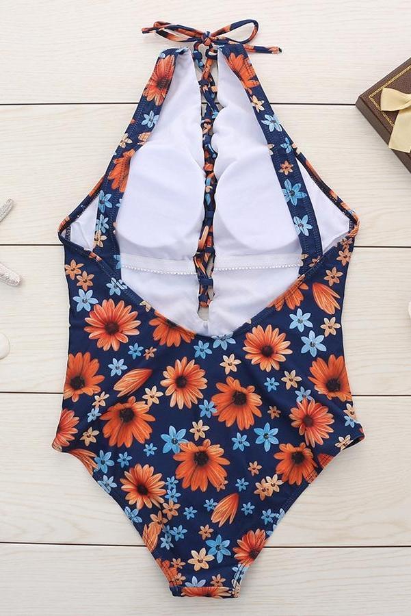 Drawstring Floral Printed Halter One-Piece Swimsuit Areous