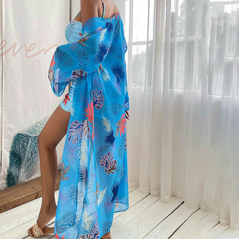 Floral Bikini Set Long Cover Up Three Pieces Areous