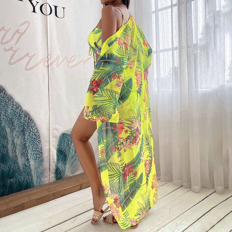 Floral Bikini Set Long Cover Up Three Pieces Areous