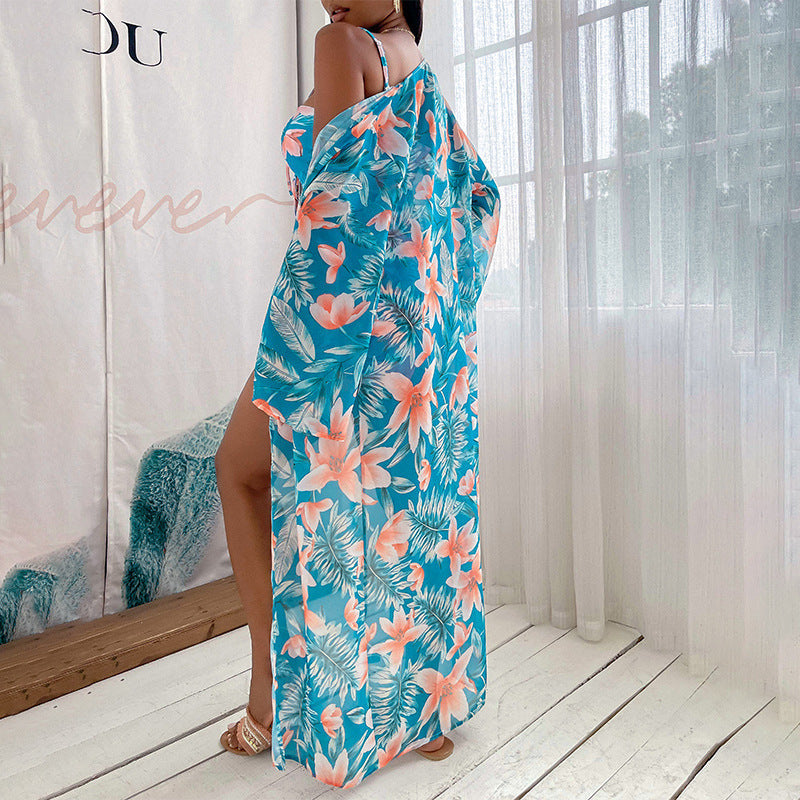 Floral Bikini Set Long Cover Up Three Pieces Areous