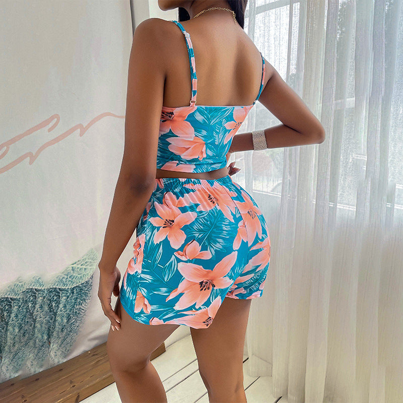 Floral Bikini Set Long Cover Up Three Pieces Areous