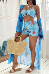 Floral Bikini Set Long Cover Up Three Pieces Areous