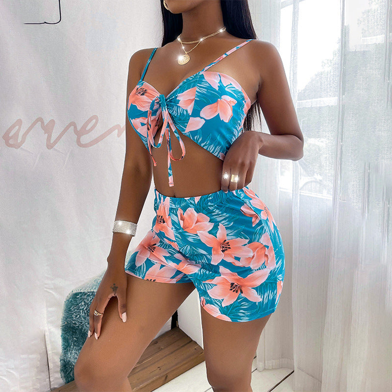 Floral Bikini Set Long Cover Up Three Pieces Areous