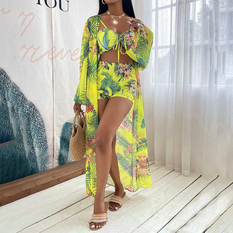 Floral Bikini Set Long Cover Up Three Pieces Areous