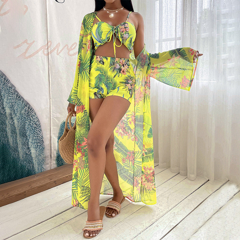 Floral Bikini Set Long Cover Up Three Pieces Areous