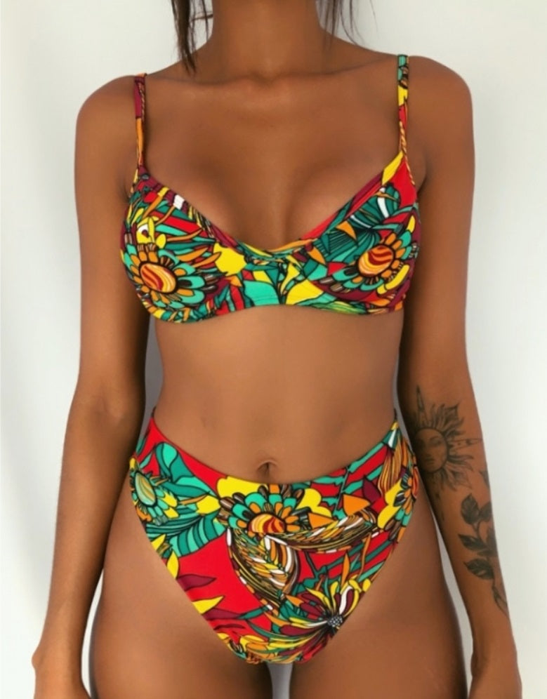 Floral High Waist Straps Swimwear Areous