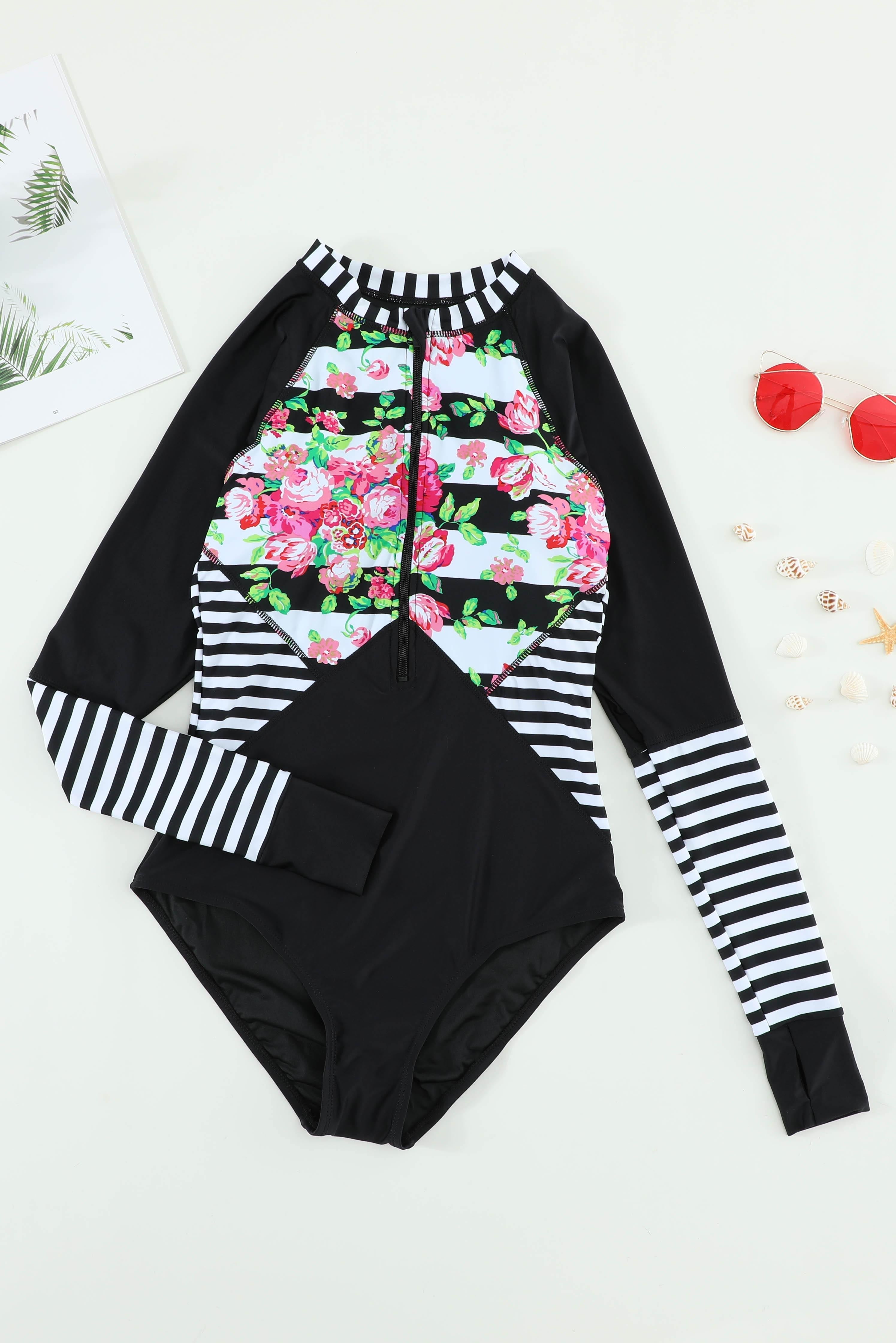 Floral Striped Patchwork Rashguard One-piece Areous